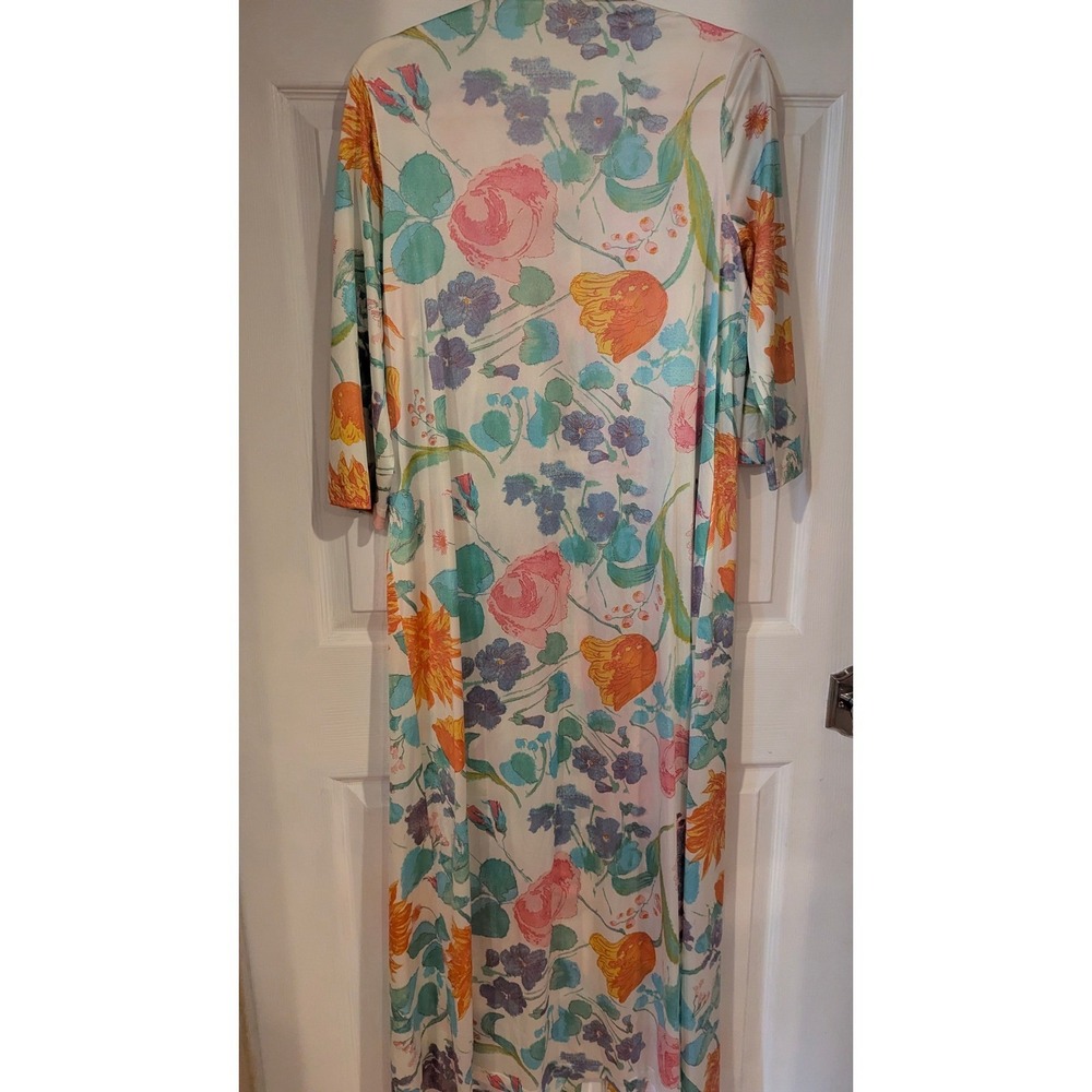 Vintage 70s Watercolor Floral Hostess Gown Maxi Dress Button Front Lounge Robe S - Picture 5 of 7
